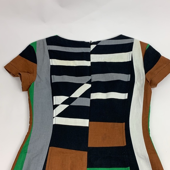 Derek Lam Linen Dress Size 4 Short Cap sleeve Zip up Geometric Multicolor Earthy - Picture 7 of 15